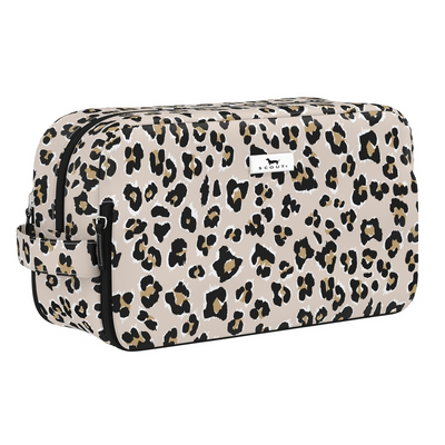 Leopard print toiletry bag with 'SCOUT' logo on a white background