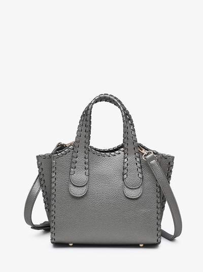 A gray pebbled leather handbag with braided leather handles and trim, shown against a plain white background.