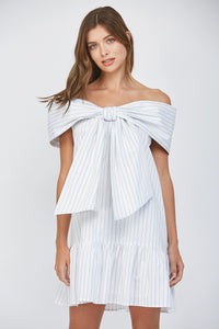 Pin Stripe Big Bow Front Off the Shoulder Mini Dress