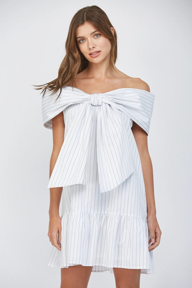Pin Stripe Big Bow Front Off the Shoulder Mini Dress
