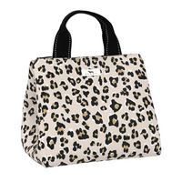 Leopard print tote bag with black handles on a white background