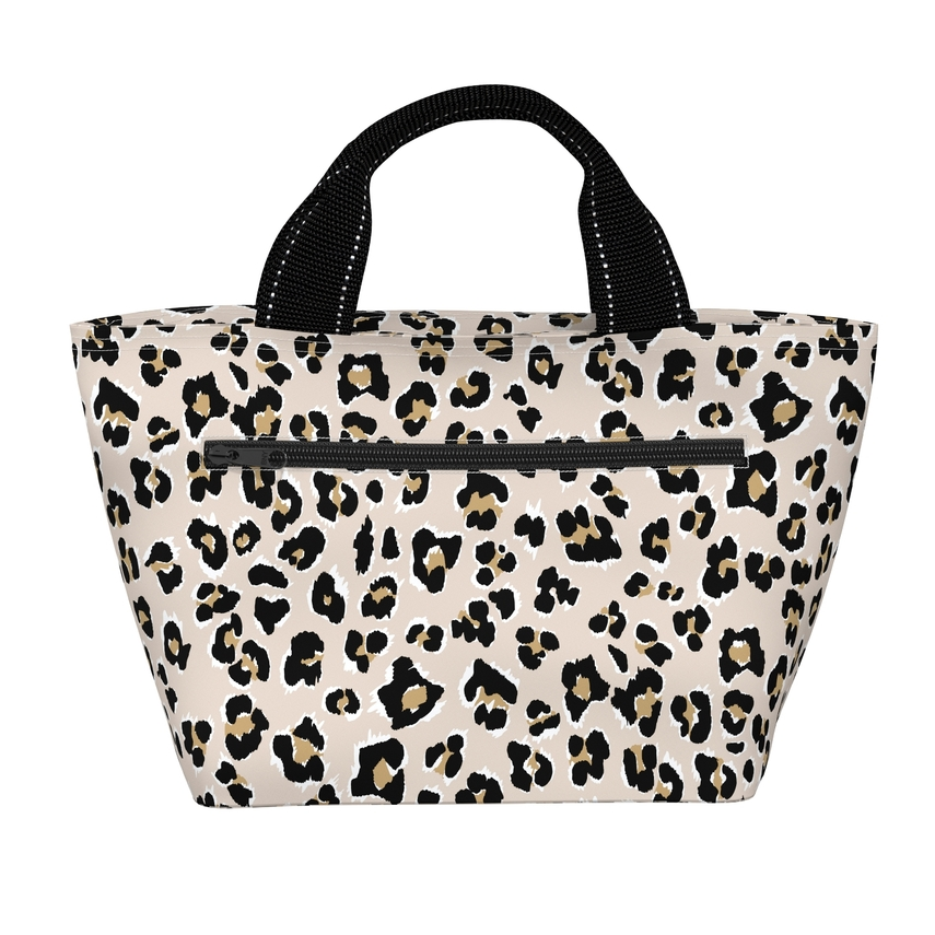 Leopard print tote bag with black handles on a white background
