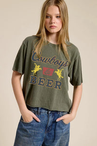 Cowboys & Beer Vintage Graphic Raw Hem Faux Crop Tee