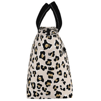 A drawstring bag featuring a beige, black, and brown leopard print pattern, with black woven shoulder straps.