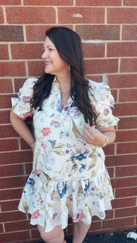 Floral Print Split Neck Mini Dress