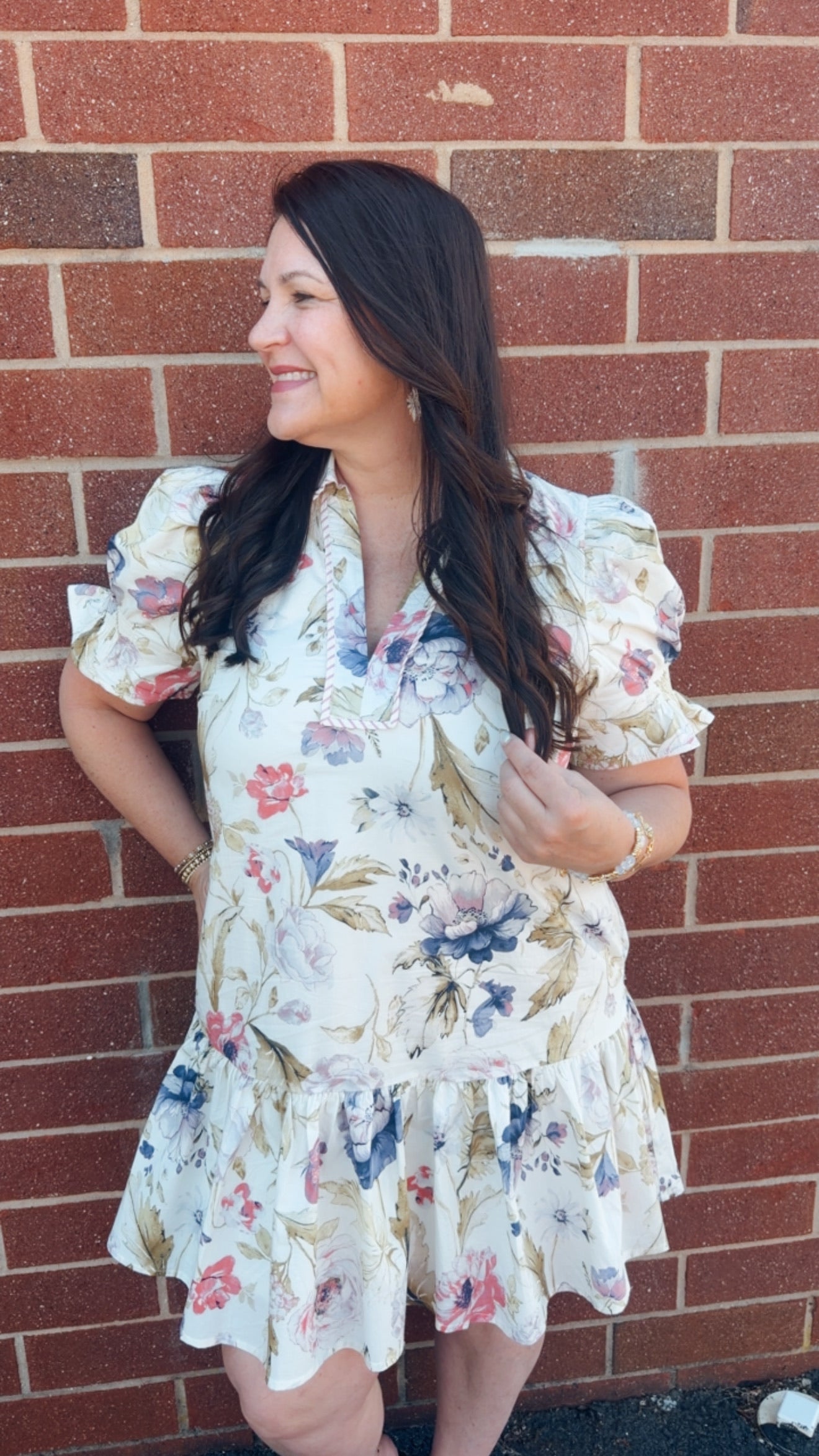 Floral Print Split Neck Mini Dress