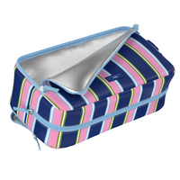 Striped cooler bag with blue interior lining on a white background