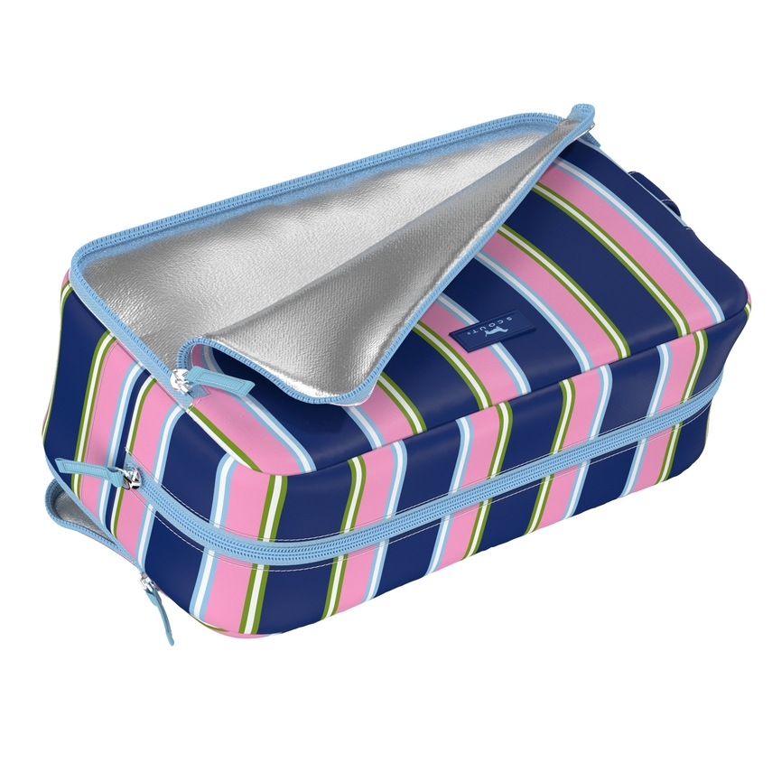 Striped cooler bag with blue interior lining on a white background