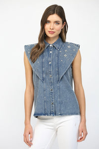 Rhinestone Structured Shoulder Denim Shirt for Women