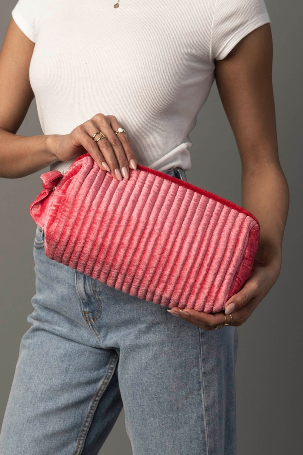 Red & Pink Velvet Ribbed Travel Pouch