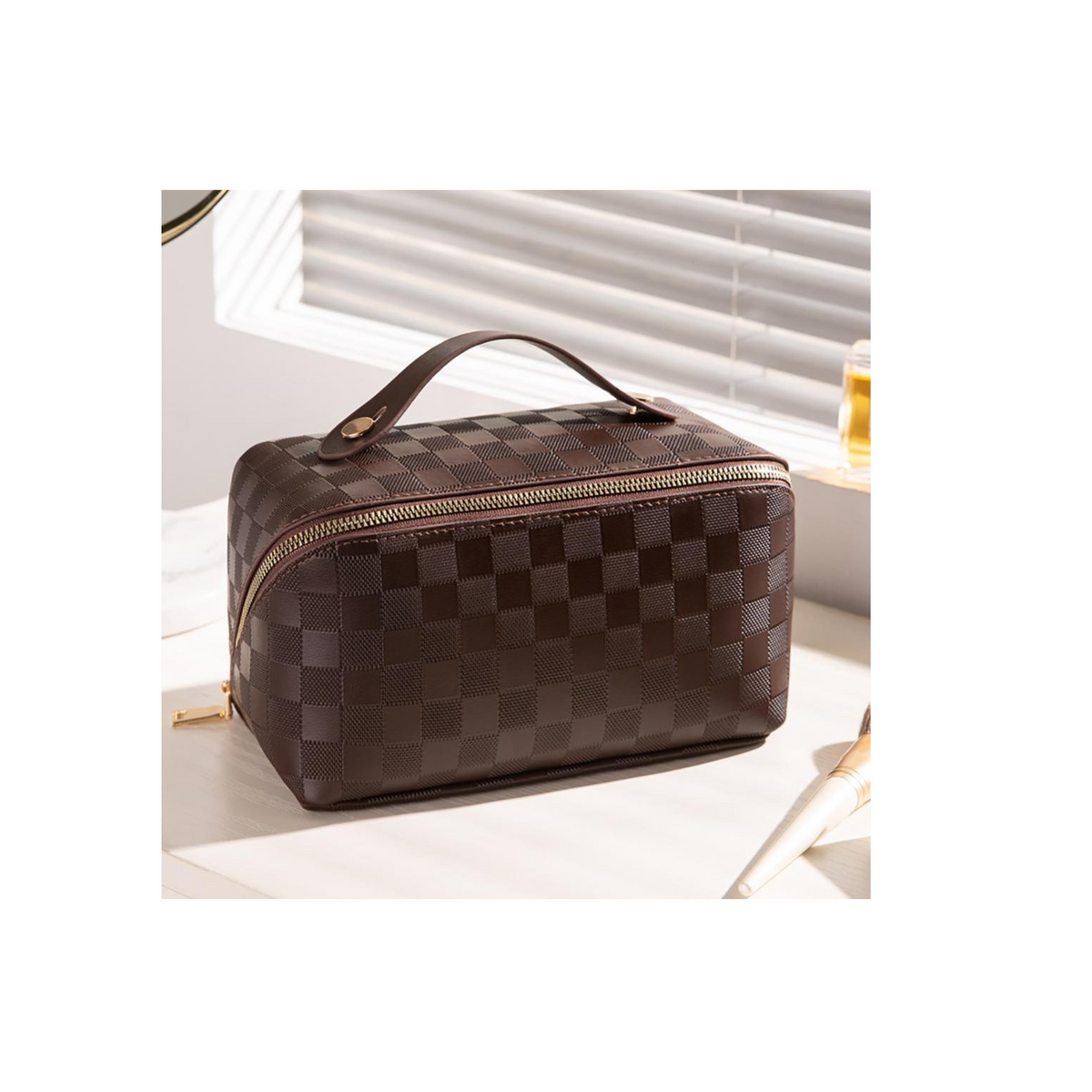 Checker Vegan Leather Travel Makeup Bag