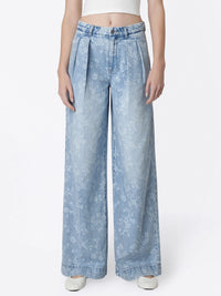 Super High Rise Floral Print Pleated Wide Leg Jeans