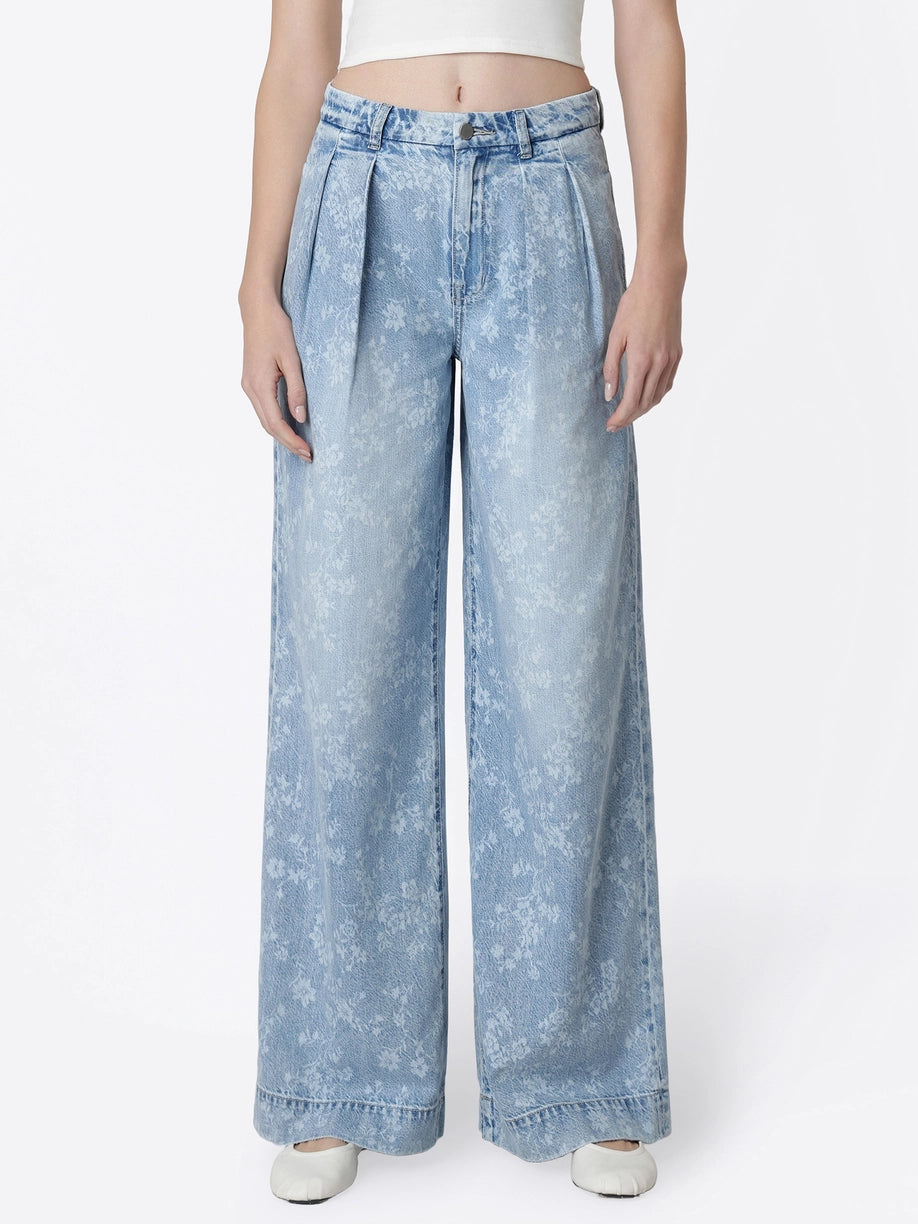 Super High Rise Floral Print Pleated Wide Leg Jeans