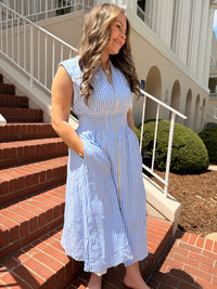 Striped Front Zip Closure V-Neckline Midi Dress