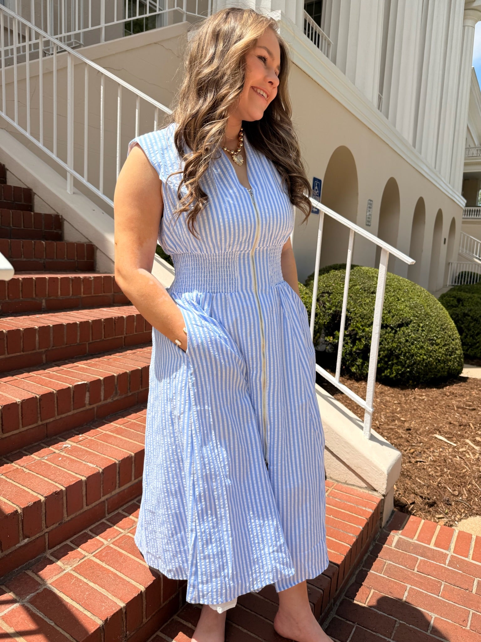 Striped Front Zip Closure V-Neckline Midi Dress