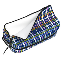 A zippered pouch with a blue, purple, green, and white plaid pattern, shown open to reveal a white interior lining.