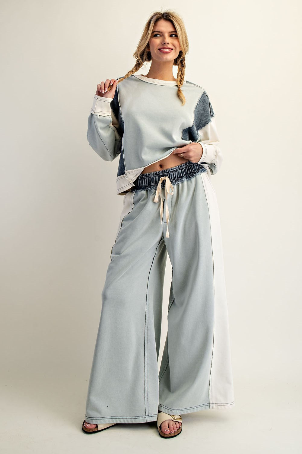 Frayed Color Block Long Sleeve Pullover & Denim Drawstring Pants *Sold Separately*