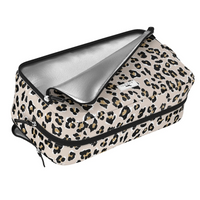 A rectangular zippered pouch with a beige leopard print pattern, featuring a silver interior lining and black trim, shown on a white background.