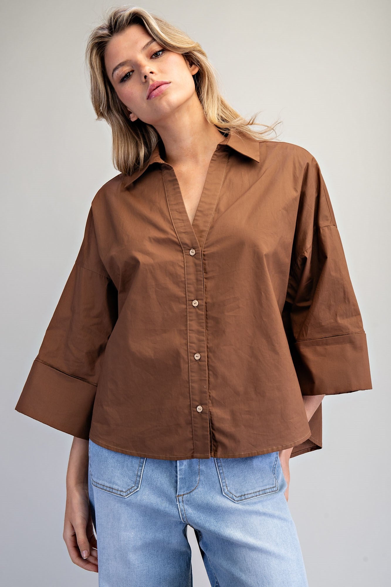 Back Pleat Button Down Blouse Top
