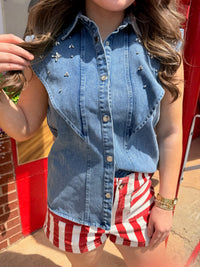 Rhinestone Structured Shoulder Denim Shirt for Women