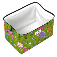 A rectangular fabric storage bin with a green floral pattern exterior, a white interior lining, and black zipper trim, shown on a plain white background.