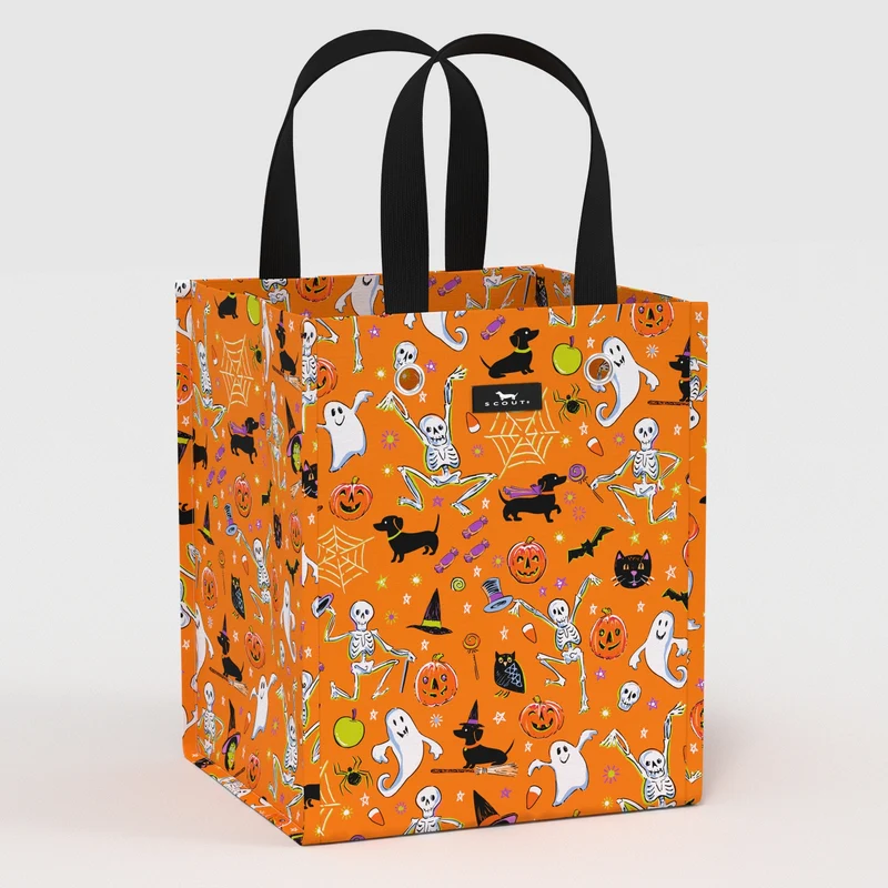 Halloween-themed tote bag with various characters on an orange background