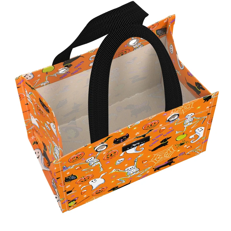 Halloween-themed pet carrier with orange background and black handle on a white background