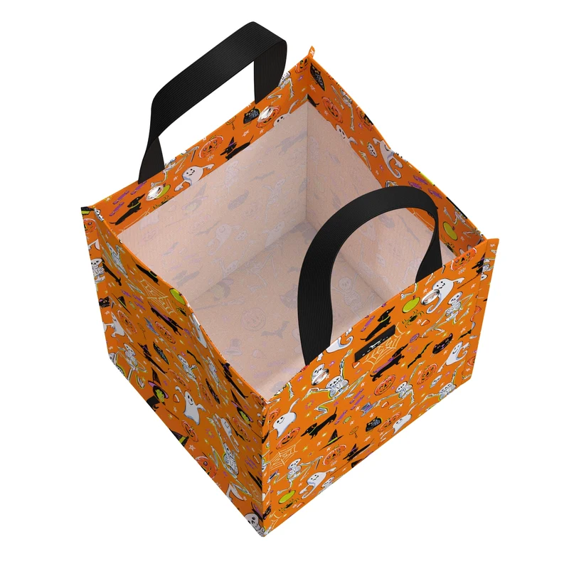 Orange storage bin with Halloween-themed pattern on a white background