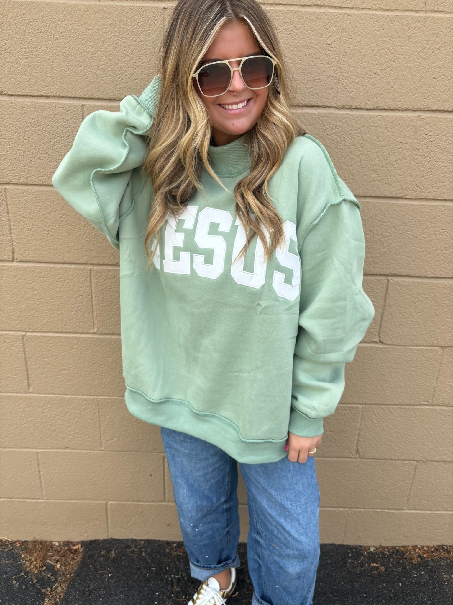 Jesus Embroidered Mock Neck Sweatshirt