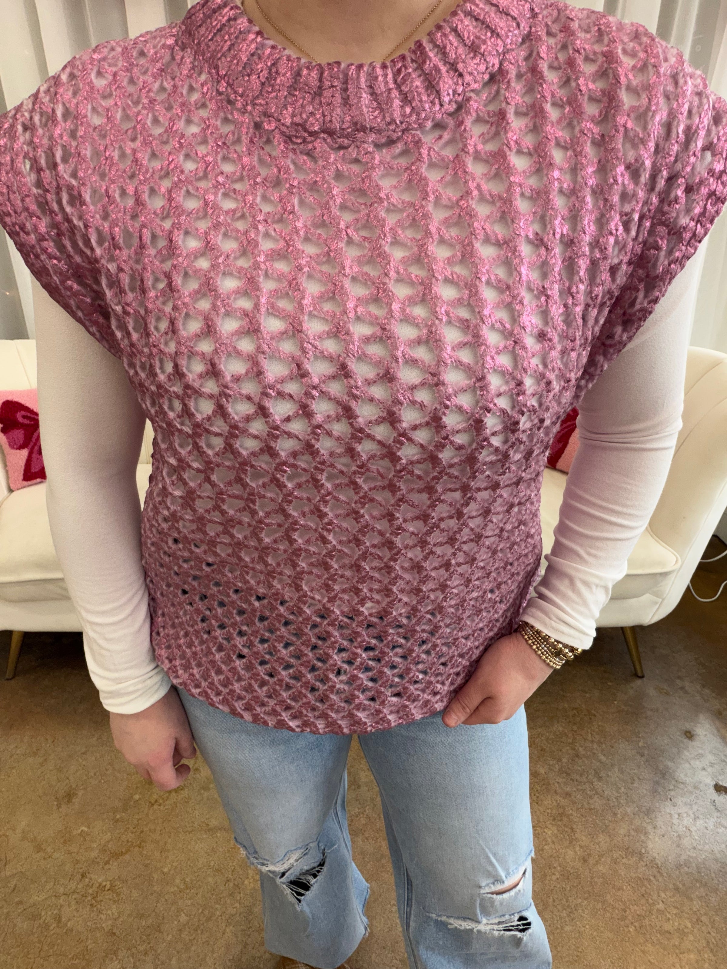Iridescent Metallic Pink Knit Vest by Umgee