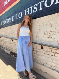 Striped Strapless Flowy Midi Dress