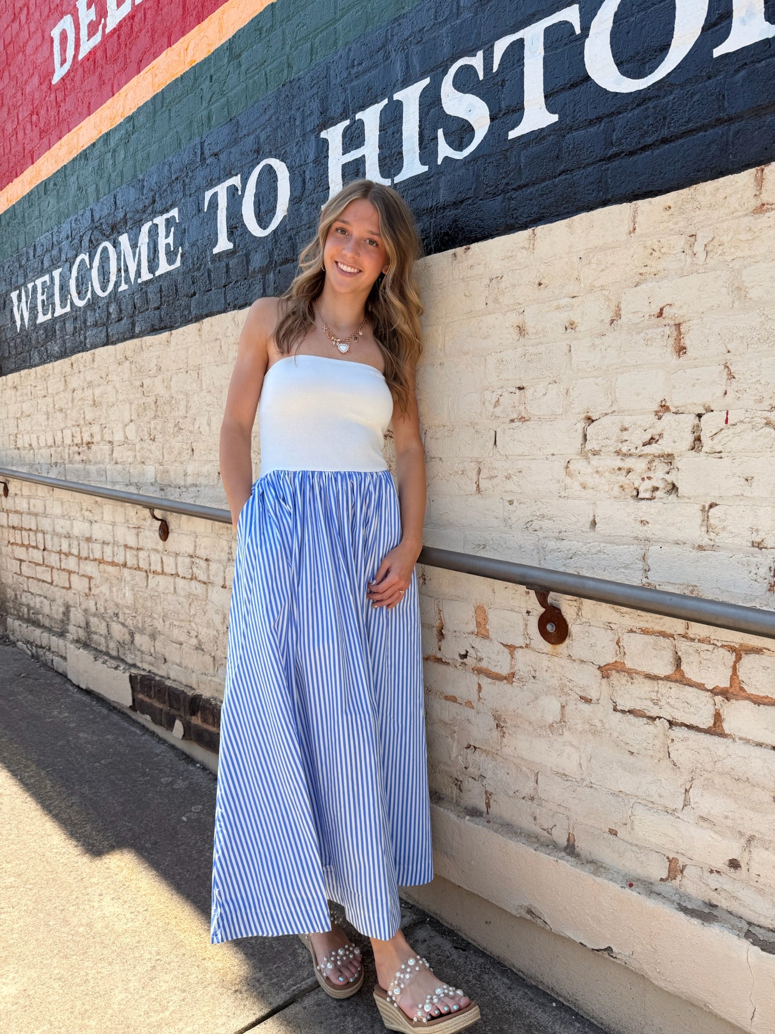 Striped Strapless Flowy Midi Dress