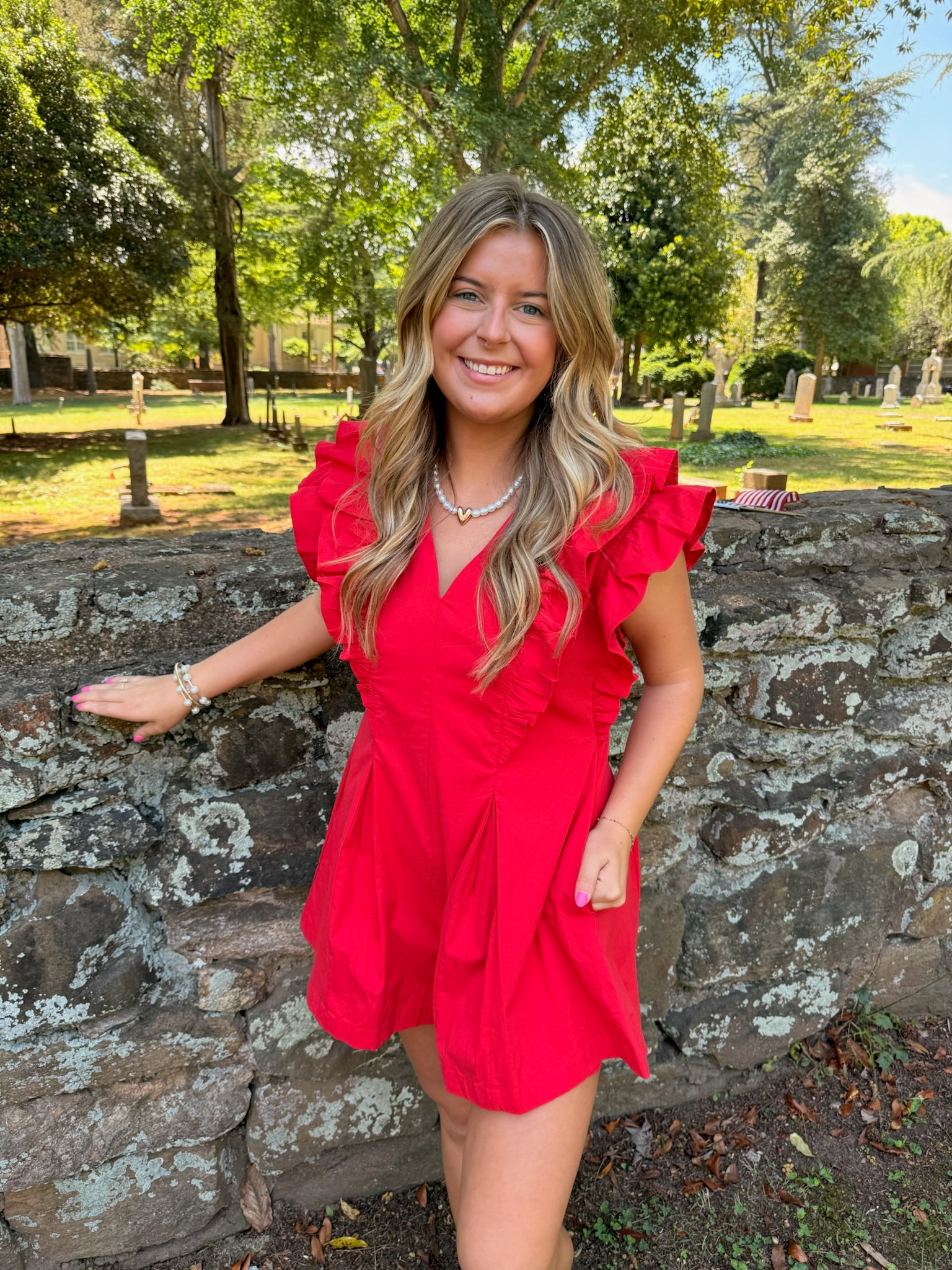 Solid Ruffled V-Neck Pleated Romper