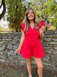 Solid Ruffled V-Neck Pleated Romper