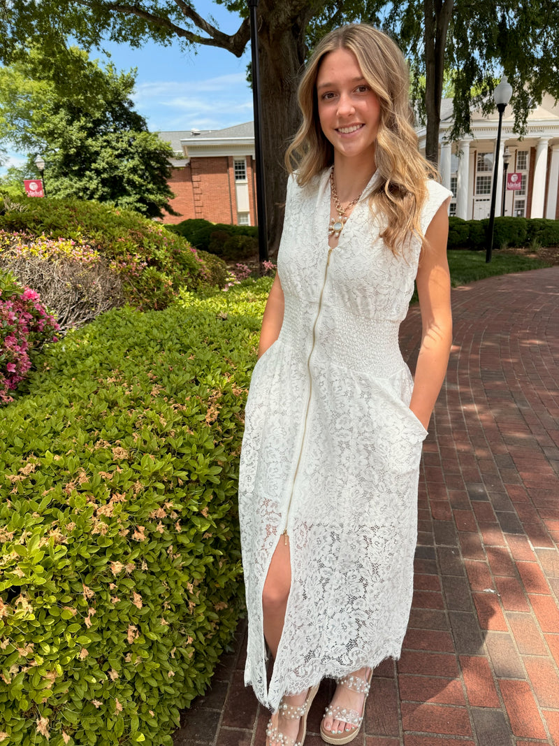 White Lace Zip Up Midi Dress S