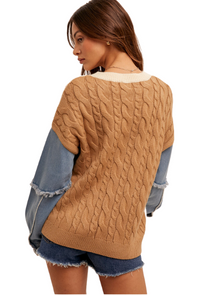 cream, denim sleeves, ribbed, brown, sweater, fall, cute, trendy