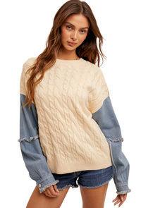 cream, denim sleeves, ribbed, brown, sweater, fall, cute, trendy