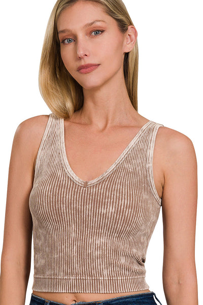 Washed Ribbed Seamless Bra Padded V-Neck Tank Top