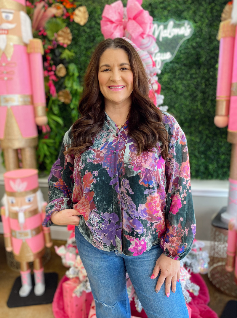 velvet top, button down top, fall top, velvet blouse, floral blouse, floral top