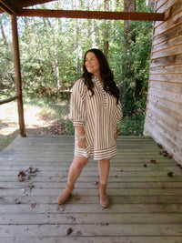 fall dress, entro dress, brown dress, cream dress, brown and cream dress, mini dress, button dress