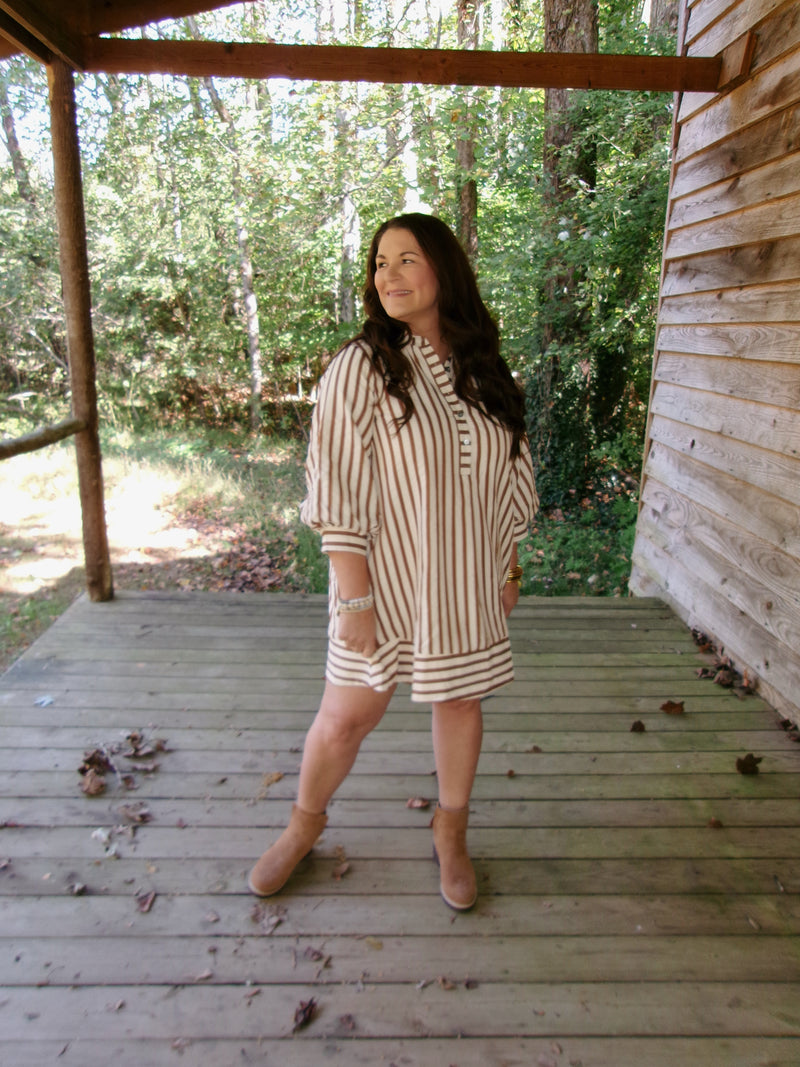 fall dress, entro dress, brown dress, cream dress, brown and cream dress, mini dress, button dress