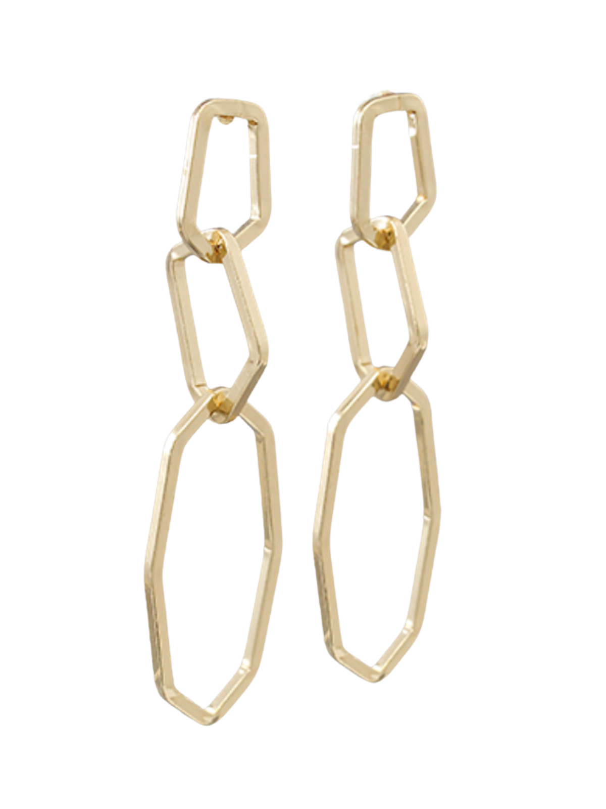 Gold chain link earrings on a white background