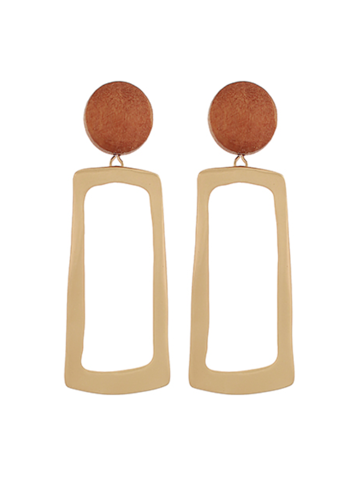 Pair of earrings with brown circular tops and beige rectangular bases on a white background