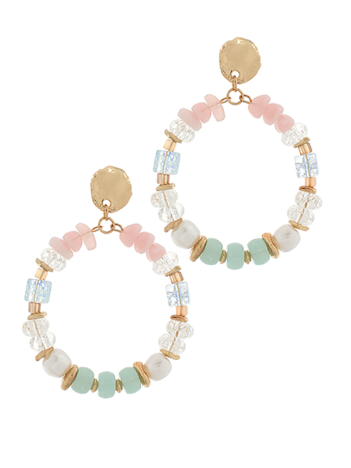 Pair of beaded earrings with gold accents on a white background