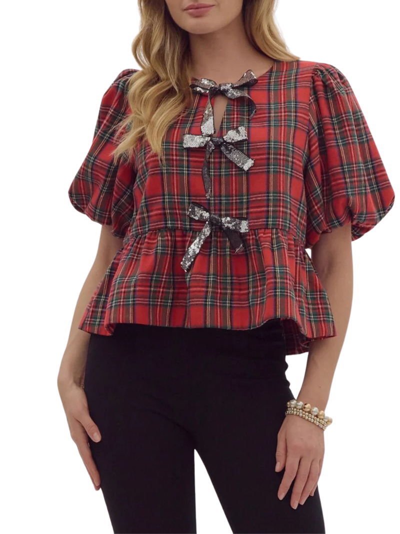 Plaid Sequin Bow Holliday Top*FINAL SALE