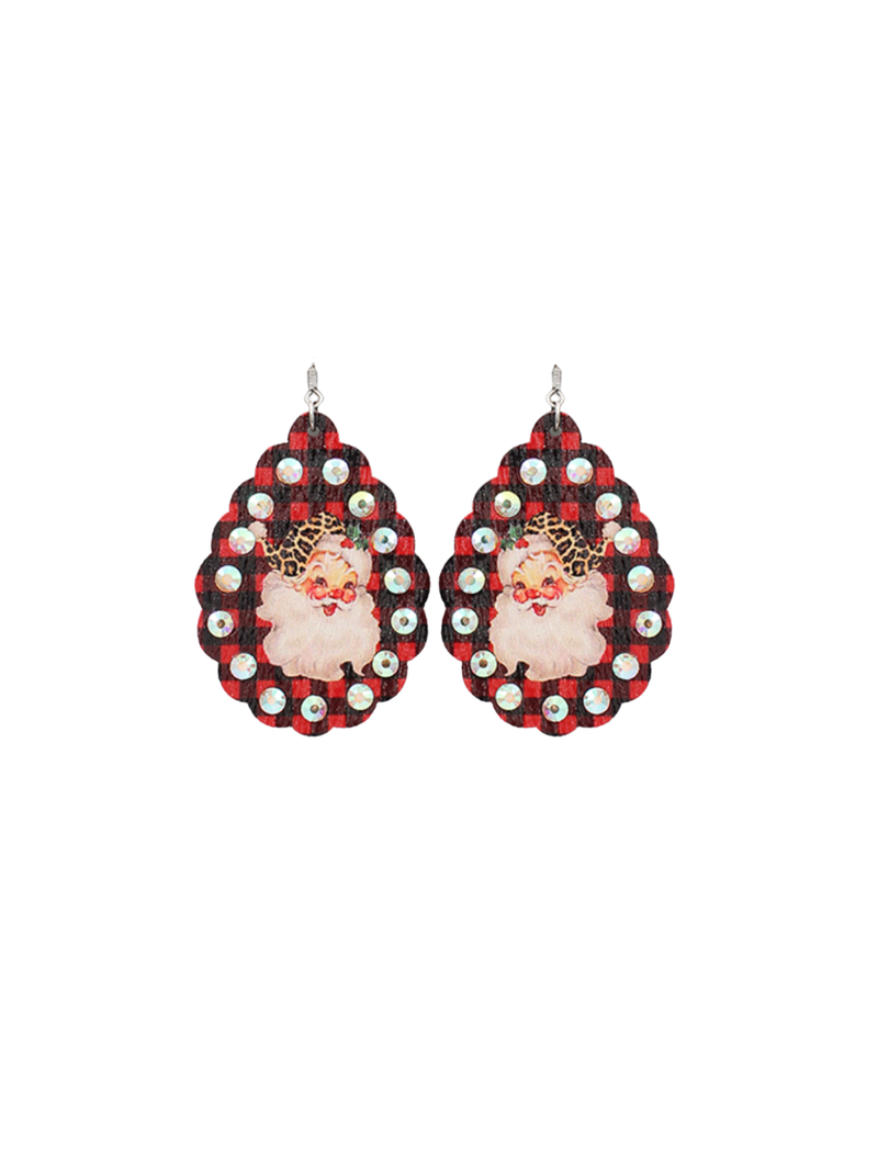 Wooden Plaid Santa Earrings