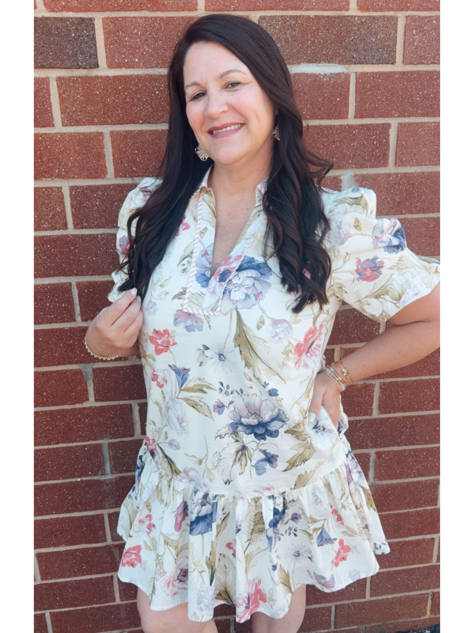 Floral Print Split Neck Mini Dress