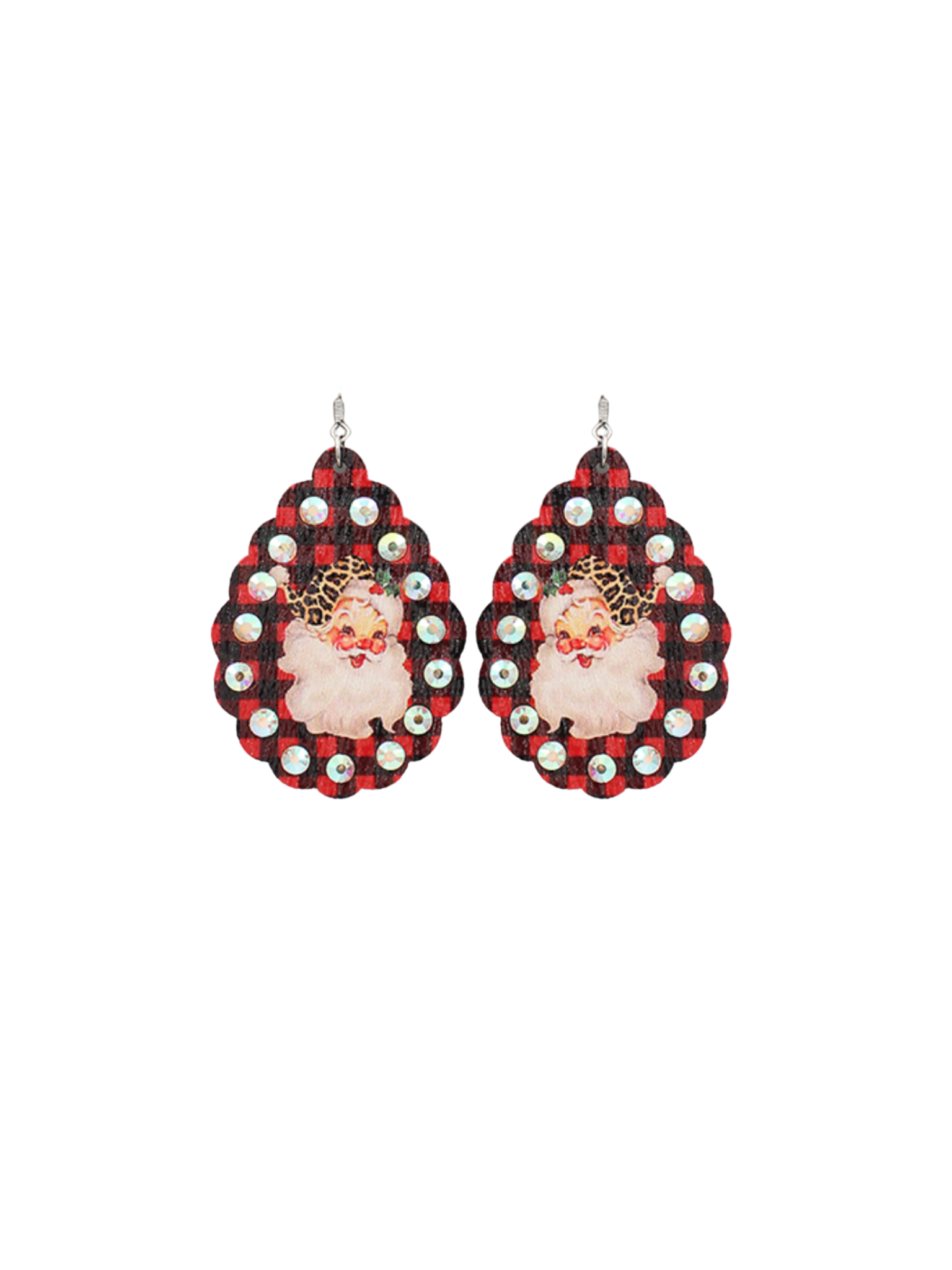 Wooden Plaid Santa Earrings