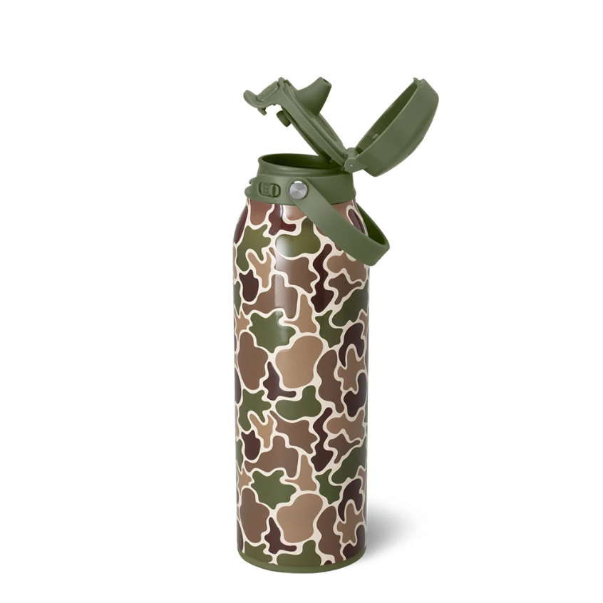 Camouflage-patterned water bottle with green lid on a white background