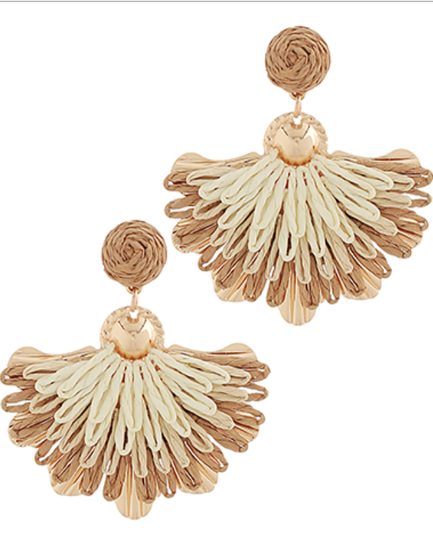 Khaki Raffia Fan Stud Earrings for Women